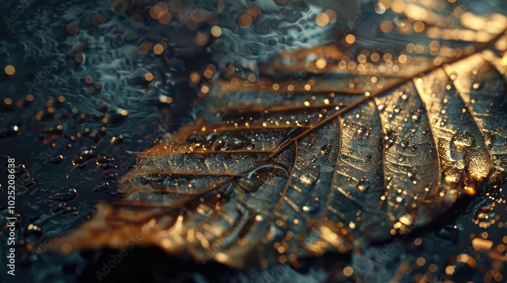 A close-up of a rain-soaked leaf, with water droplets creating intricate reflections A close-up of a rain-soaked leaf, with water droplets creating intricate reflections