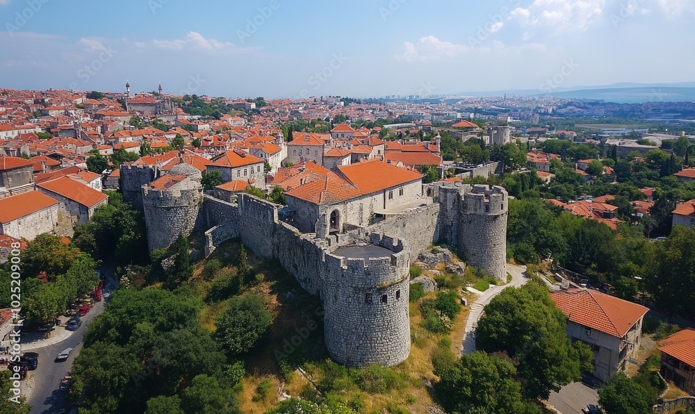 Aerial view of historic walled city with fortress and cityscape Aerial view of historic walled city with fortress and cityscape