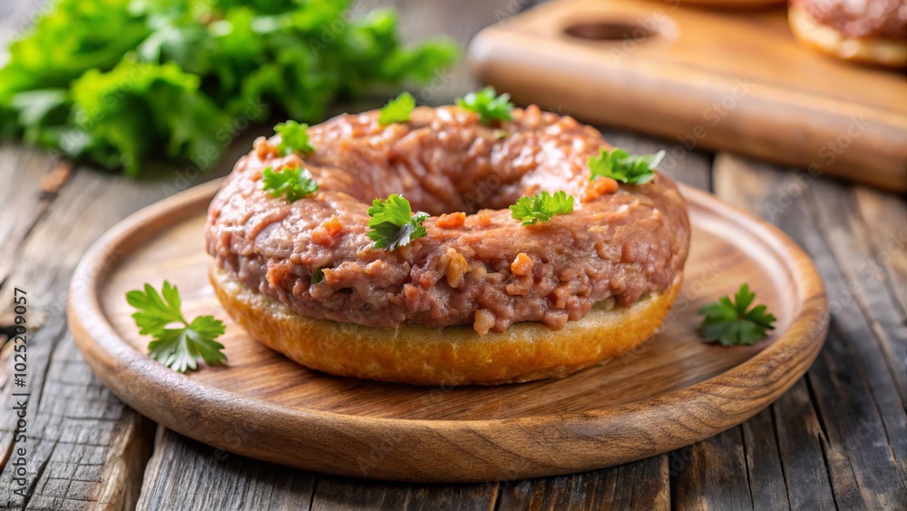 Minced meat cutlet in the shape of a donut on a cutting board Minced meat cutlet in the shape of a donut on a cutting board