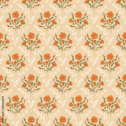 Delicate Antique Orange California Poppy Seamless Vector Repeat Pattern