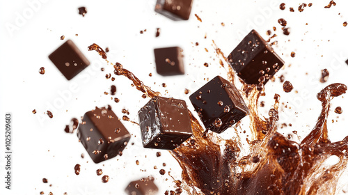 Chocolate cubes with splashes of liquid chocolate