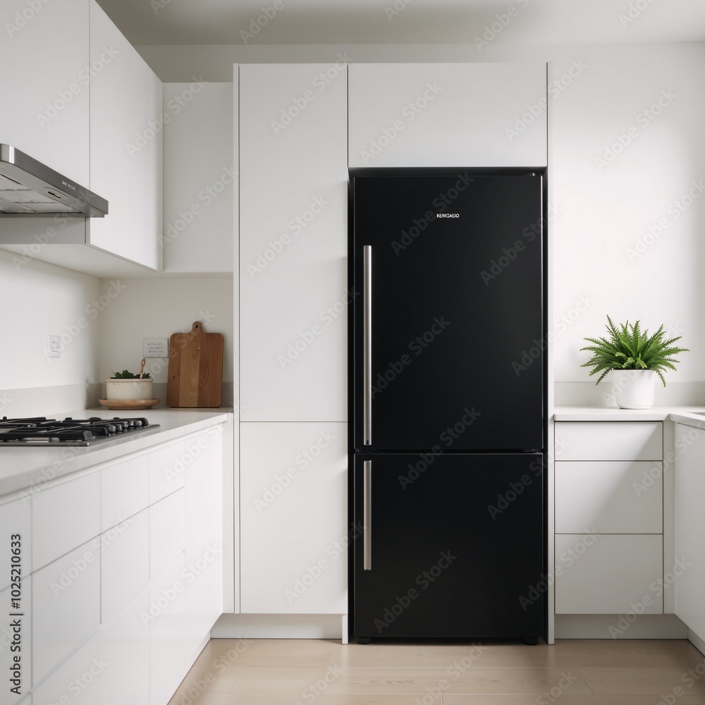Contemporary kitchen scene boasts an elegant black fridge among sleek white cabinets