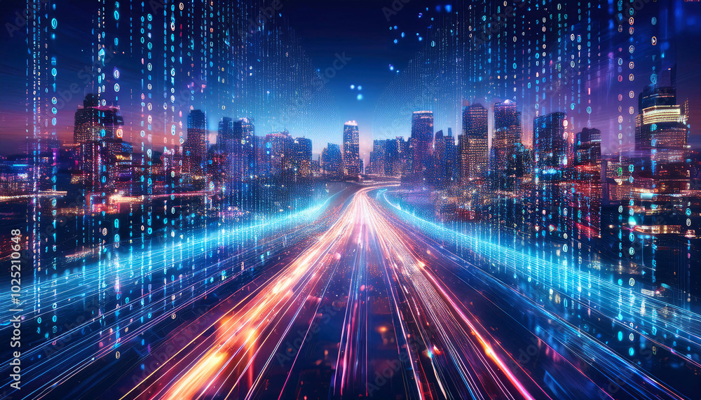 Digital Stream of Binary Code Over a Cityscape Digital Stream of Binary Code Over a Cityscape