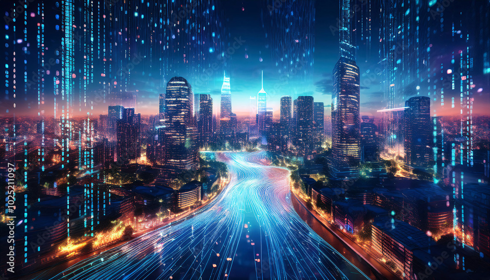 Fototapeta premium Digital Stream of Binary Code Over a Cityscape