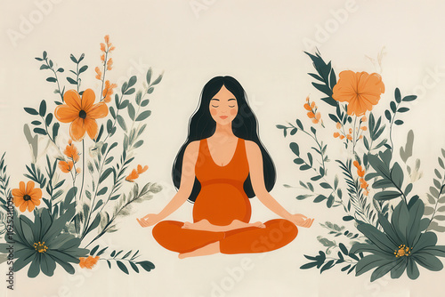 Silhouette of a Pregnant Woman Meditating Among Flowers – Peaceful and Serene Maternity Illustration