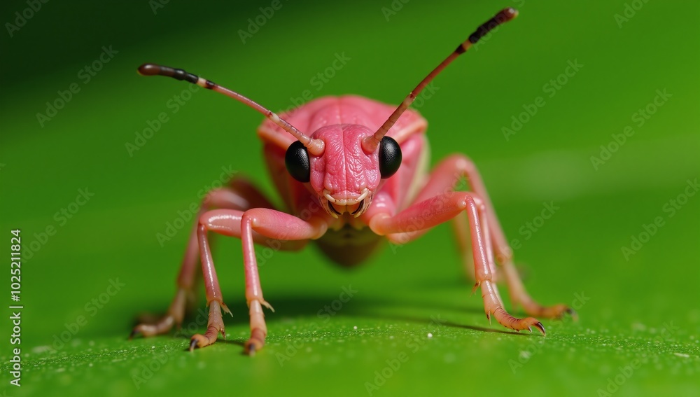 Fototapeta premium Pink Bug Poses on Green Leaf Gazing Directly into Camera