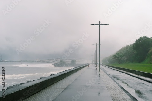 Foggy Morning on Terceira Island: Atlantic Waves Crashing Against the Azores Seafront