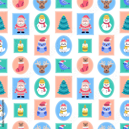 Seamless pattern featuring postage stamps with cute doodle-style characters, each capturing the charm of Christmas.