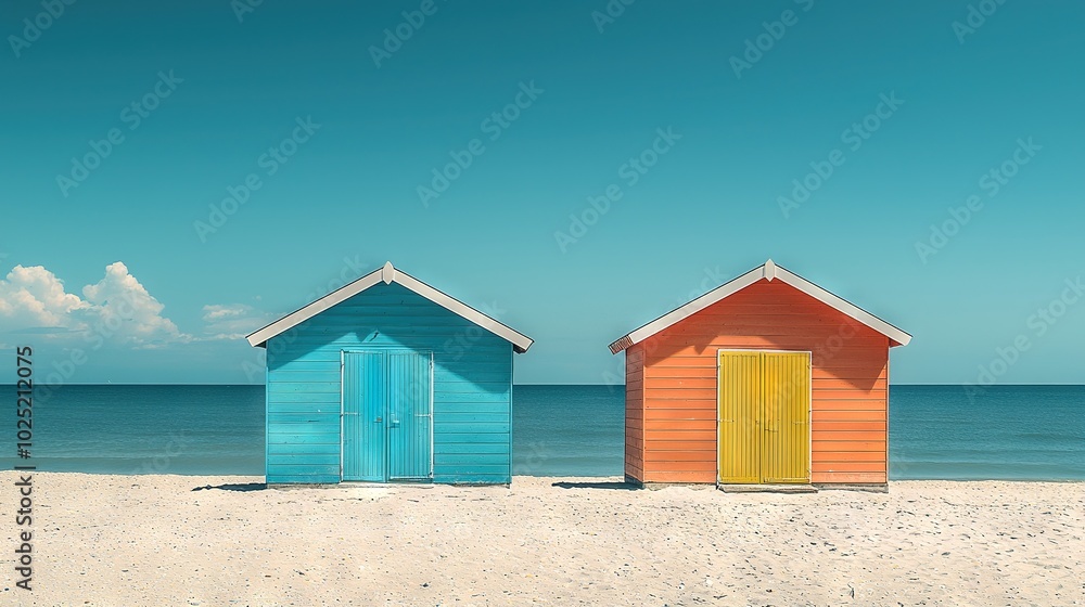 A pair of beach huts rests beside each other atop a sandy shore, with the vast ocean as their backdrop A pair of beach huts rests beside each other atop a sandy shore, with the vast ocean as their backdrop