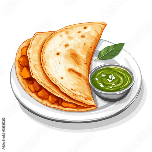 Illustration of Indian Masala Dosa with Chutney on a Plate