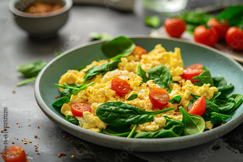 Scrambled eggs with spinach on a breakfast plate