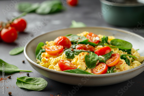 Scrambled eggs with spinach on a breakfast plate