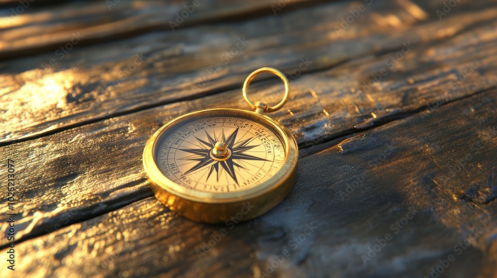 Golden Compass on Wooden Surface. Golden Compass on Wooden Surface.