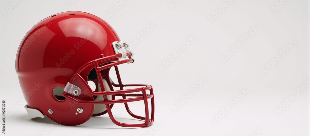 Red American football helmet against plain white backdrop Red American football helmet against plain white backdrop