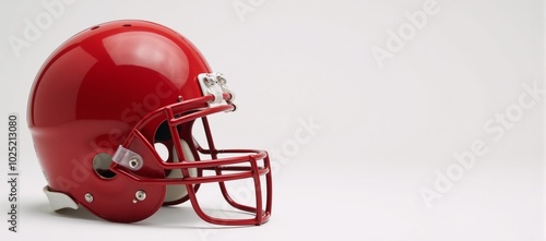 Red American football helmet against plain white backdrop photo