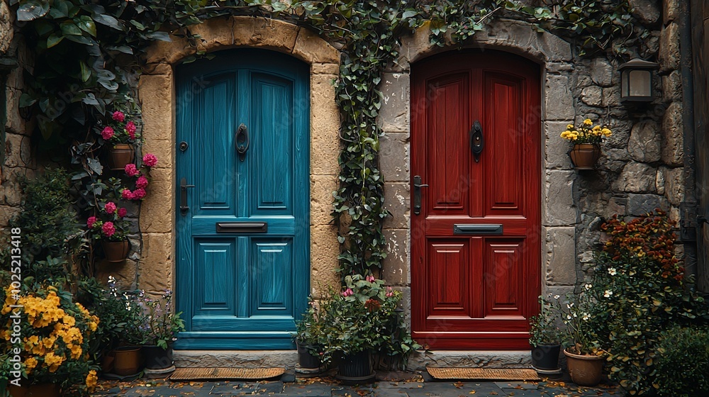 Two red and blue doors stand before a stone building, each flanked by potted plants Two red and blue doors stand before a stone building, each flanked by potted plants
