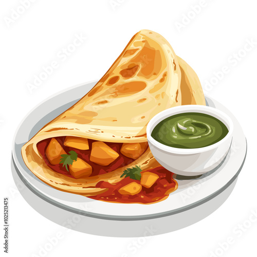 Illustration of Indian Masala Dosa with Chutney on a Plate