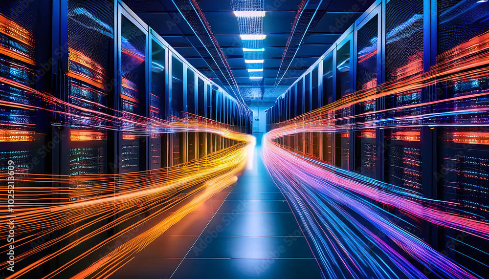 Servers in a Data Center with Light Trails Representing Data Flow Servers in a Data Center with Light Trails Representing Data Flow
