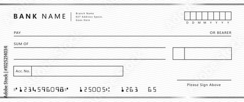 Bank check, vector blank money cheque, checkbook template with guilloche pattern and fields. Currency payment coupon, money check background
