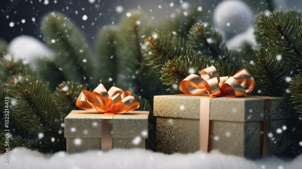 Green Christmas surprise gifts in box with fir tree branches. Neural network ai generated art Green Christmas surprise gifts in box with fir tree branches. Neural network ai generated art