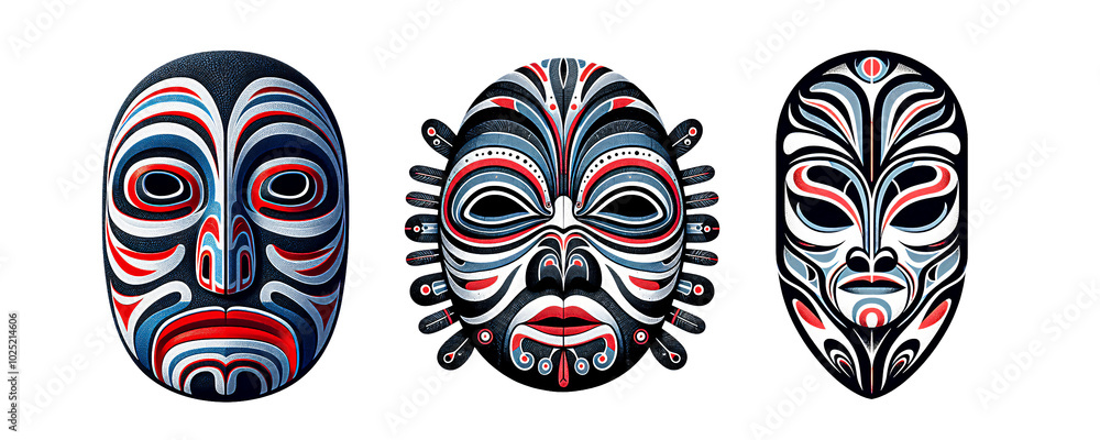Ritual masks of Africa, North and South America, Asia and Oceania, associated with the cults of ancestral spirits, animals and nature on a white background Ritual masks of Africa, North and South America, Asia and Oceania, associated with the cults of ancestral spirits, animals and nature on a white background