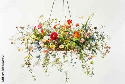 Watercolor illustration of a hanging basket full of vibrant flowers delicately painted with intricate detail against a pristine white background