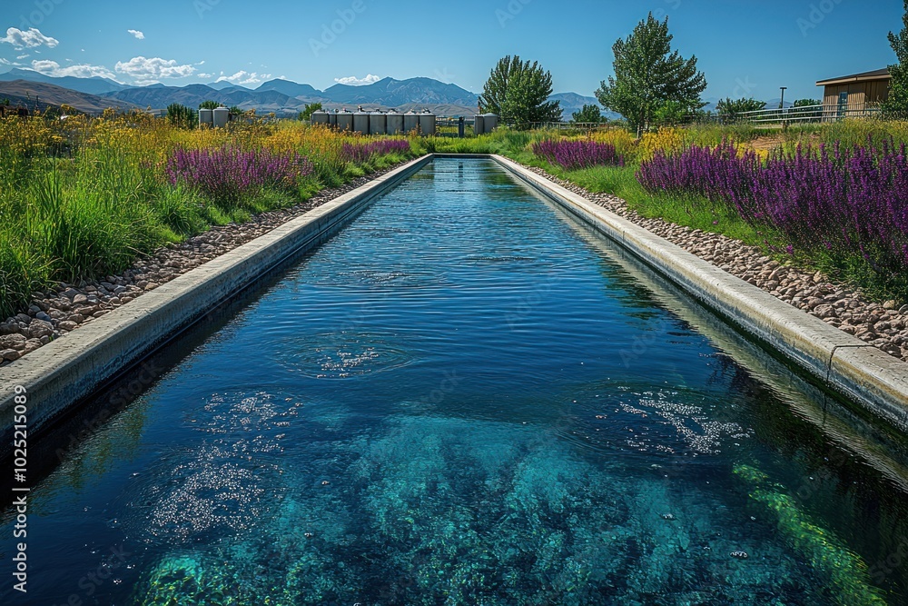A long, narrow pool of clear blue water with a grassy bank on either side and mountains in the distance. A long, narrow pool of clear blue water with a grassy bank on either side and mountains in the distance.