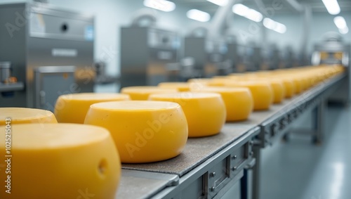 Cheese wheels on assembly line towards slicer in pristine industrial setting