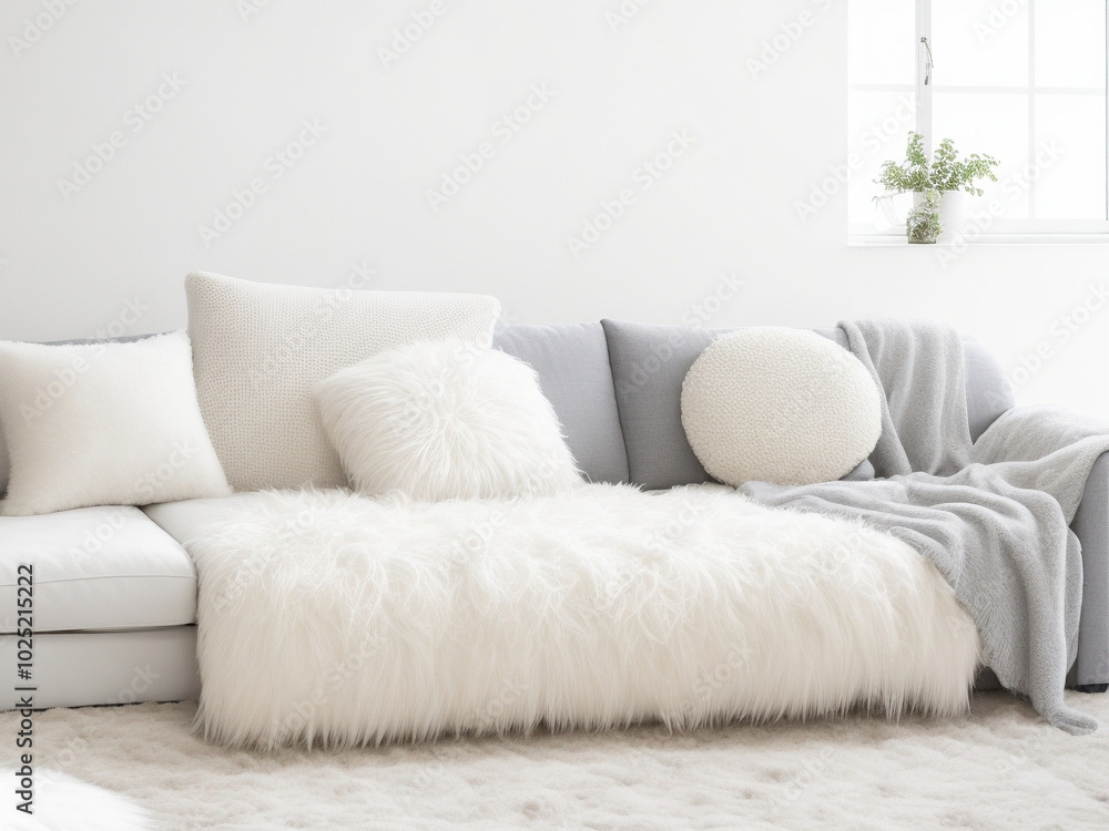 Cozy living room with a plush white sofa and soft textiles during the day in a bright, minimalist setting Cozy living room with a plush white sofa and soft textiles during the day in a bright, minimalist setting