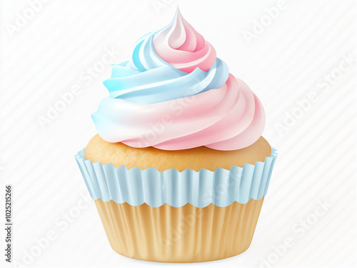 Beautiful light blue and pink cupcake topped with swirled frosting in a simple setting