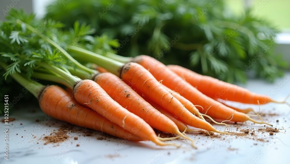 Organic carrots with green tops on white marble soil dusted surrounded by green plants Organic carrots with green tops on white marble soil dusted surrounded by green plants