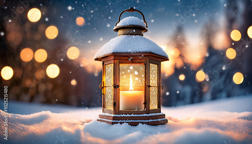 Snowy Lantern with Warm Candlelight and Golden Bokeh