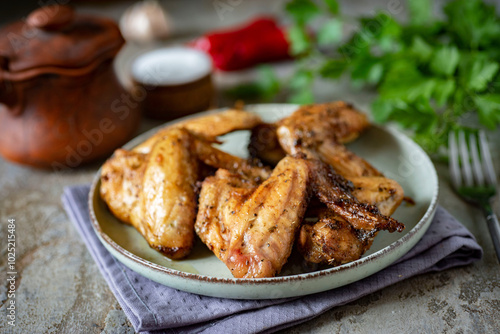 Hearty lunch: baked chicken wings on a plate on a gray table. Grilled chicken wings for lunch. Close-up