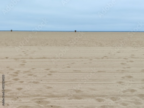 Santa monica venica los angeles beack view in a cloudy day, nobody in first plane, people silhouette in the distanca, wet, fog, misty, gray pacific ocean