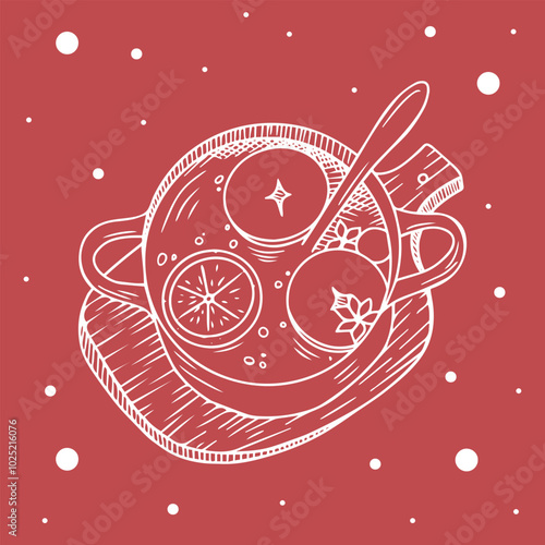 Vector illustration of cooked glögg in a metal pan standing on a wooden board in hand drawn style. Christmas mulled wine design on a wooden stand