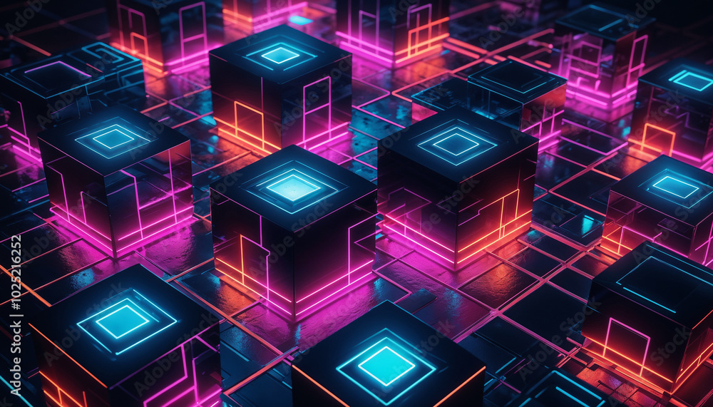 Futuristic Neon Cubes in Cyberpunk Cityscape with 3D Geometric Abstract Design and Vibrant Blue, Pink, and Orange Hues Futuristic Neon Cubes in Cyberpunk Cityscape with 3D Geometric Abstract Design and Vibrant Blue, Pink, and Orange Hues