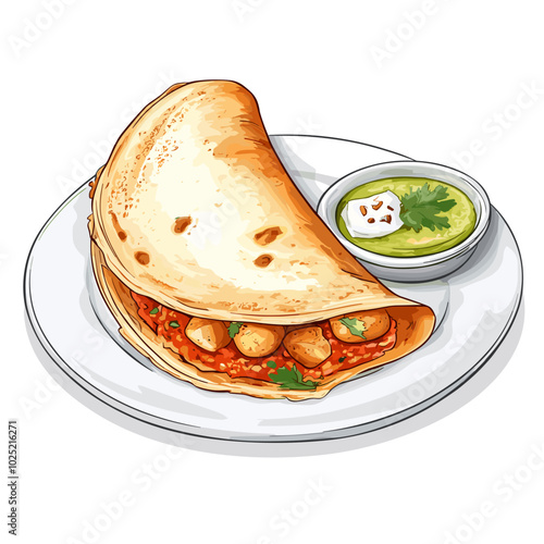 Illustration of Indian Masala Dosa with Chutney on a Plate