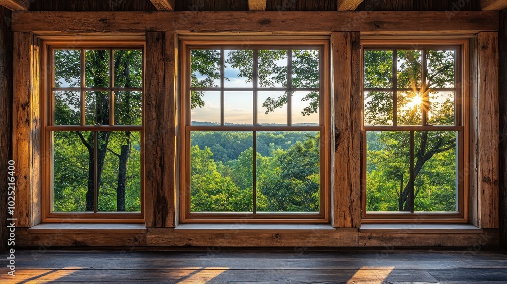 Fototapeta premium Sunlight filters through three wooden-framed windows, casting warm tones inside a rustic cabin. The view showcases vibrant trees and rolling hills in the early morning light