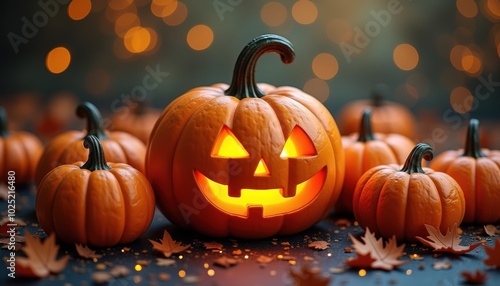 Pumpkin glows in Halloween card, bat flies in creepy night sky. Autumn greeting for holiday event, mystery lantern on house wall.