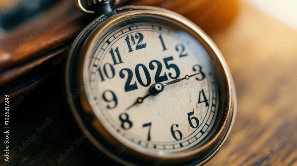 The antique pocket watch shows the year 2025, resting on a wooden surface that reflects warm lighting, evoking feelings of nostalgia and contemplation about the future The antique pocket watch shows the year 2025, resting on a wooden surface that reflects warm lighting, evoking feelings of nostalgia and contemplation about the future