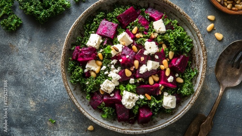 Healthy raw kale and beetroot salad with feta cheese and pine nut. Top view. 