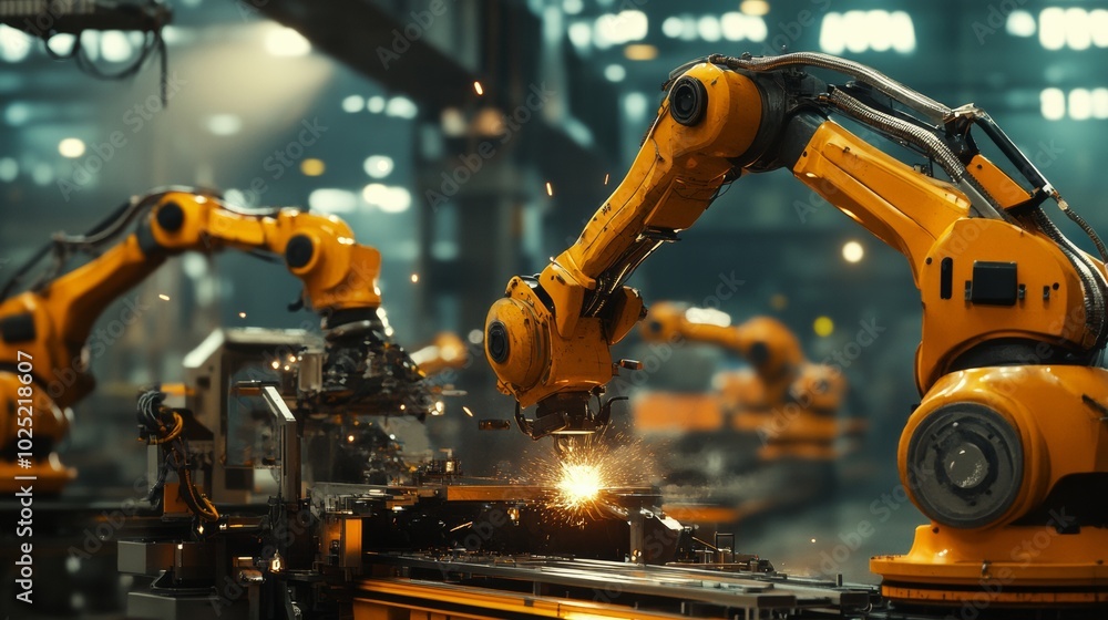 Industrial Robotic Arm Welding in Factory. Industrial Robotic Arm Welding in Factory.