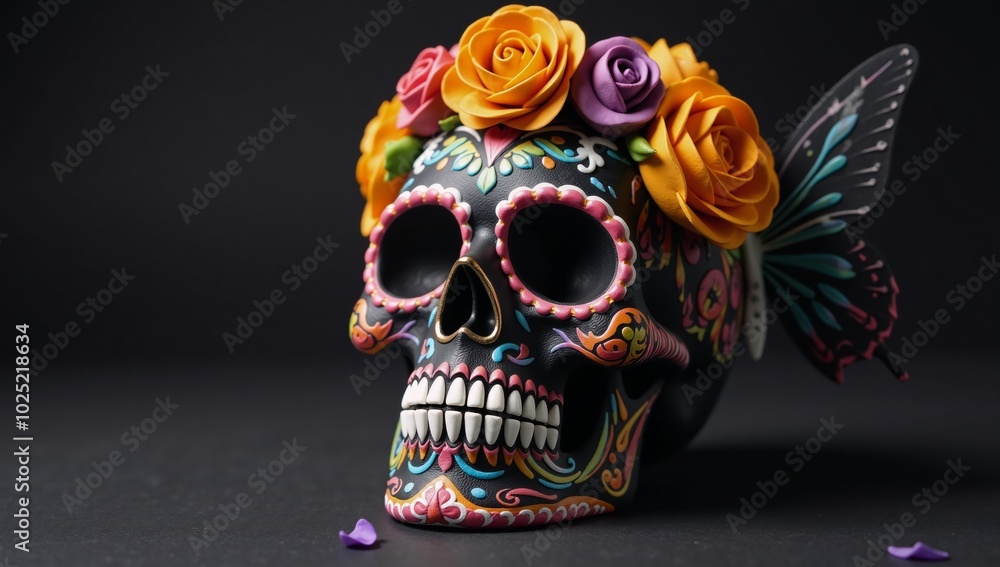 Ornate sugar skull adorned with butterflies and roses representing Day of the Dead festivities Ornate sugar skull adorned with butterflies and roses representing Day of the Dead festivities