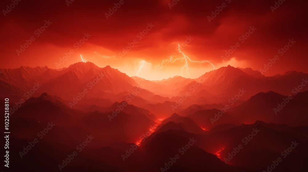 Infernal Mountains: Apocalyptic 3D Render of Jagged Peaks in Firestorm under Blood-Red Sky with Cinematic Lightning Infernal Mountains: Apocalyptic 3D Render of Jagged Peaks in Firestorm under Blood-Red Sky with Cinematic Lightning