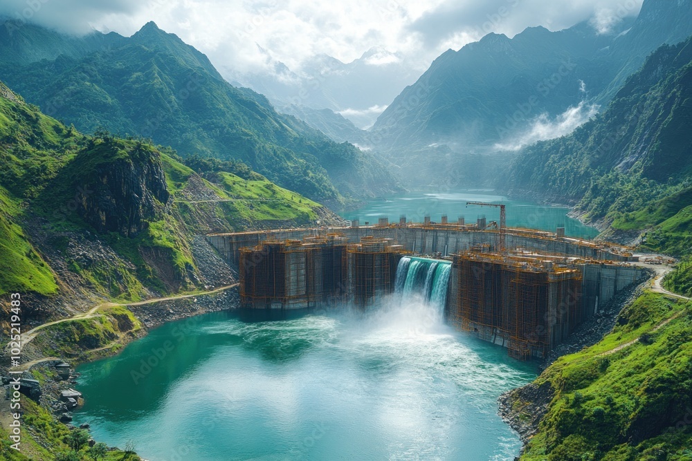 A large dam under construction in a valley with lush green mountains and a blue lake. A large dam under construction in a valley with lush green mountains and a blue lake.