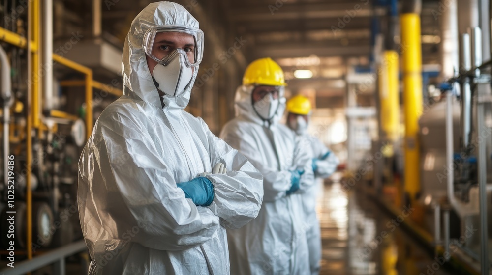 Industrial workers in protective suits. Industrial workers in protective suits.
