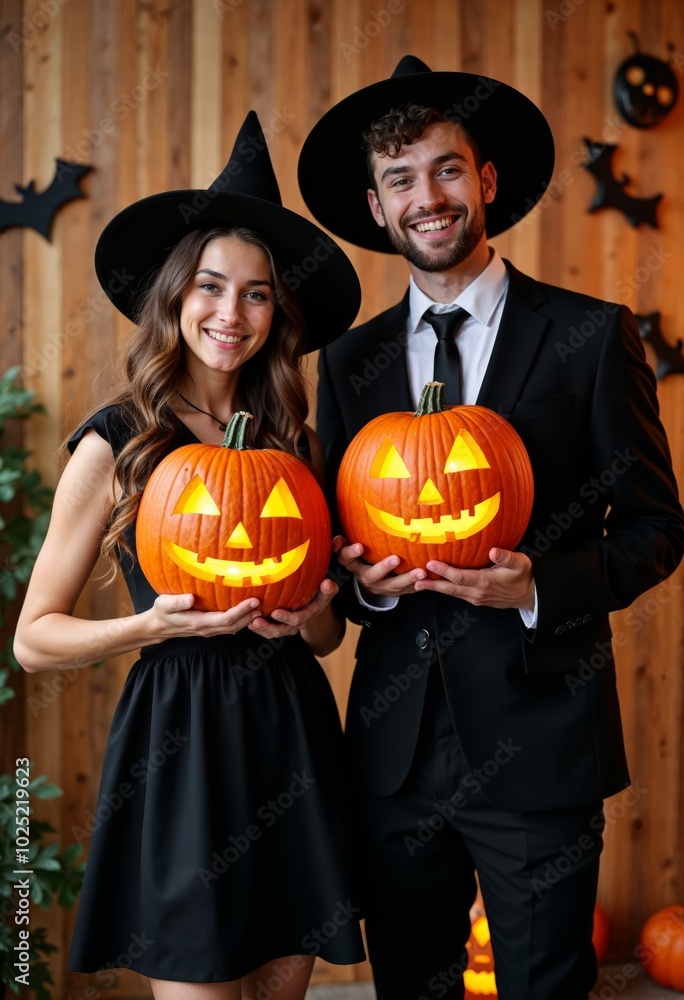 Young Couple Celebrating Halloween with Carved Pumpkins in a Festive Hall Setting Young Couple Celebrating Halloween with Carved Pumpkins in a Festive Hall Setting