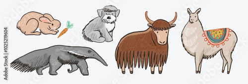 Set of cute hand drawn llama, dog, yak, anteater, hare. Vector illustration.