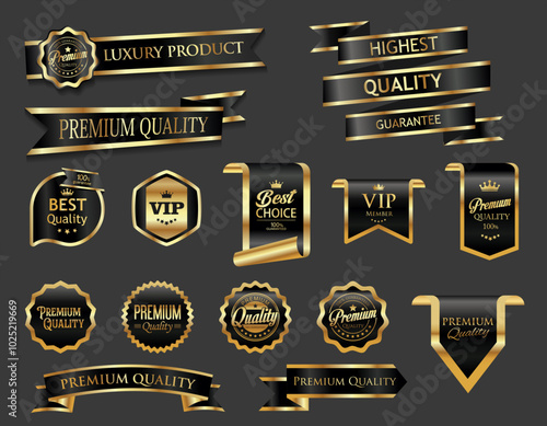 Gold and black luxury badges and labels premium quality certificate ribbon illustration 