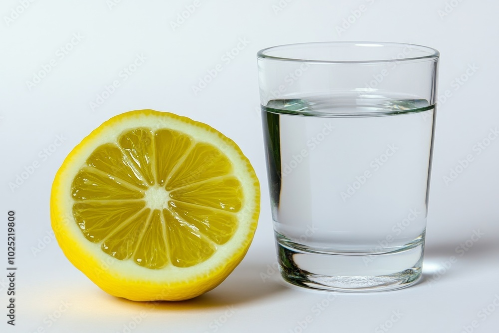 One lemon sliced in half with a glass of water nearby, set against a plain background, symbolizing the simplest form of detox One lemon sliced in half with a glass of water nearby, set against a plain background, symbolizing the simplest form of detox